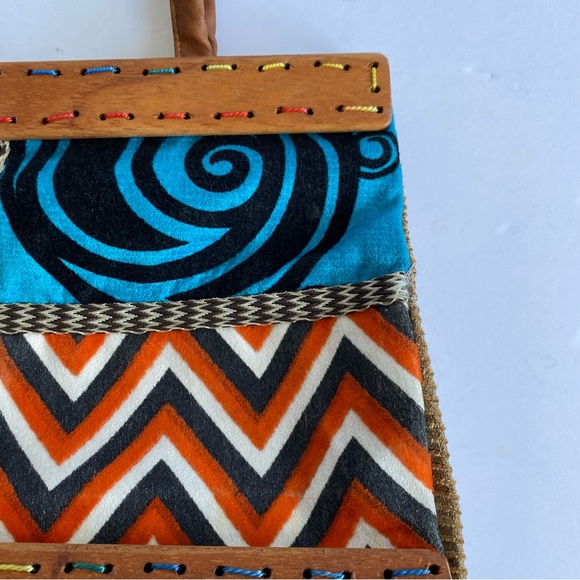 Boho Patchwork fabric and wood bag - Picture 3 of 11